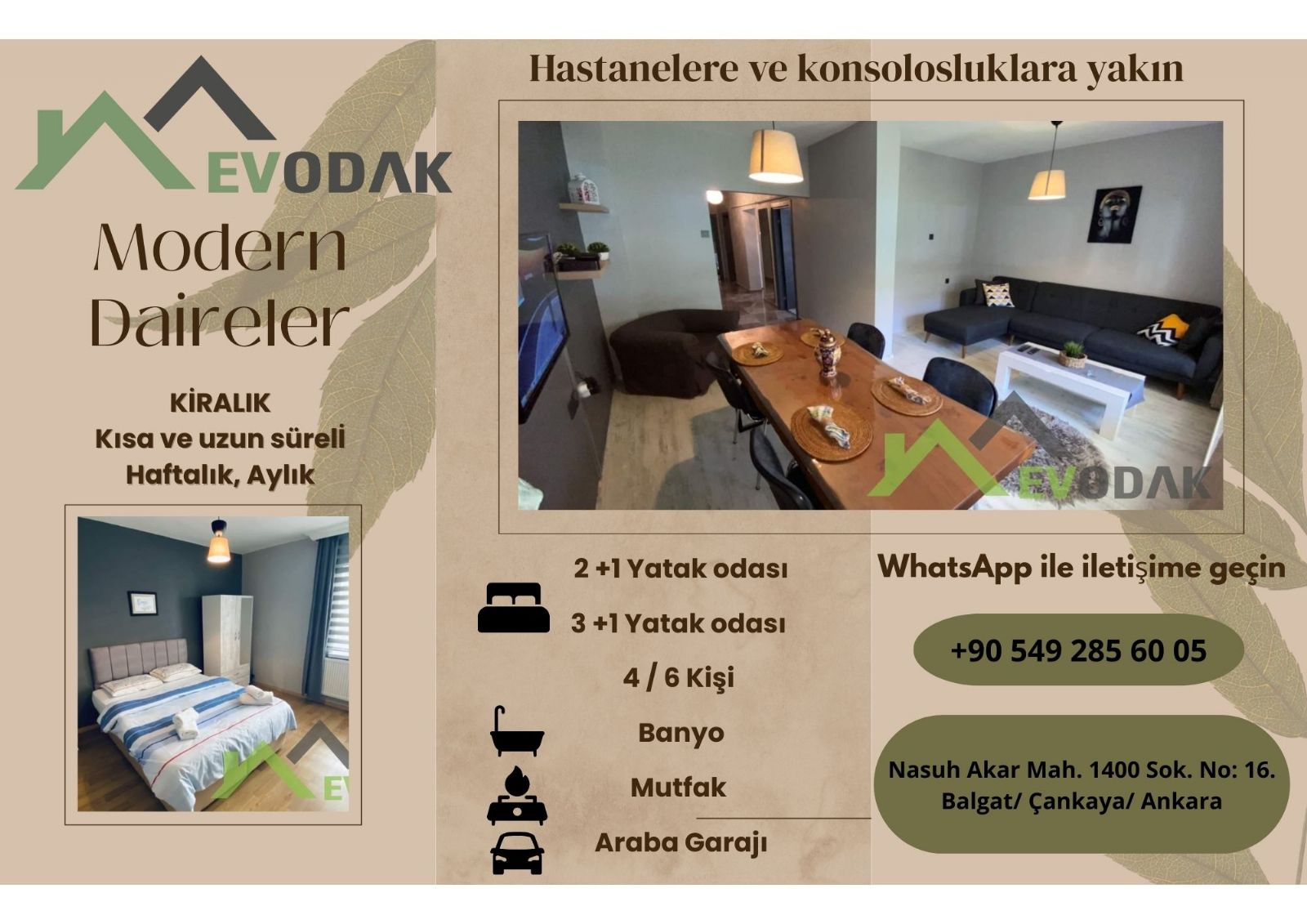 Medicana ve Memorial Ankara Hastaneleri yakınında kiralık eşyalı daireler.