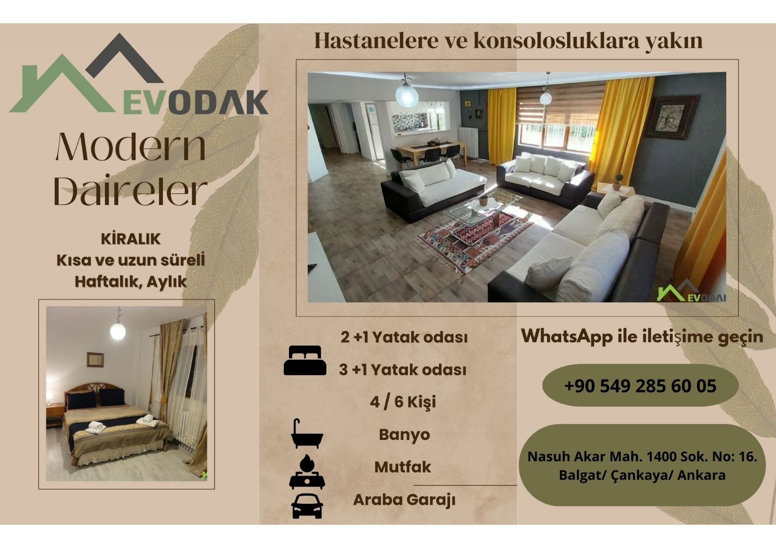 Bilkent Şehir Hastanesi ve Ankara Şehir Hastanesi yakınında apart daireler.