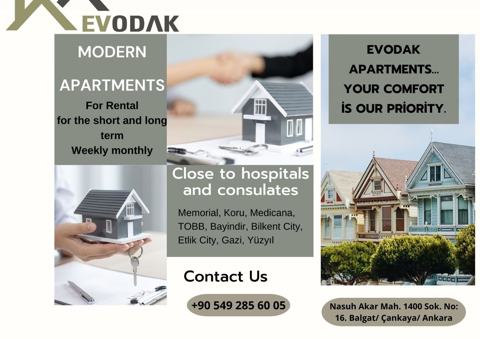 Weekly rental apartments in Cukurambar and Sogutozu near the metro.