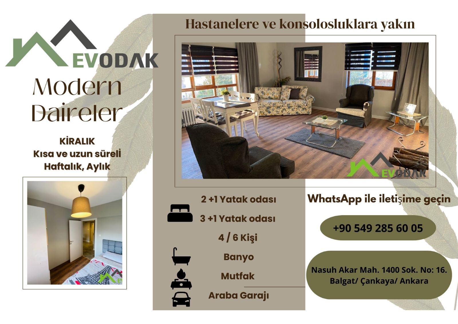 TOBB ETÜ ve Güven Hastanesi yakınında tam dezenfekte edilmiş ve mobilyalı daireler.