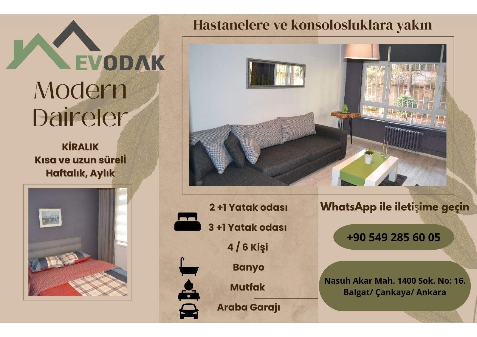 Çukurambar ve Söğütözü`nde metroya yakın haftalık kiralık daireler.