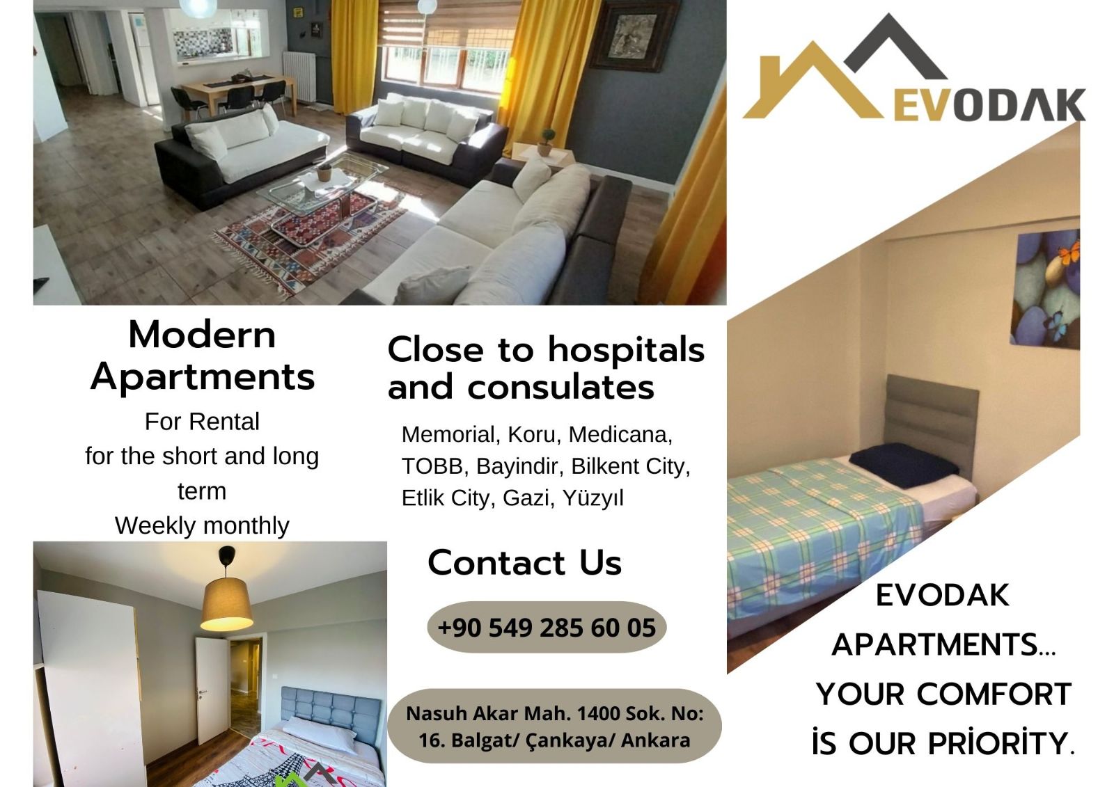 Comfortable accommodation for patients and their companions next to Koru and Bayindir Hospitals.