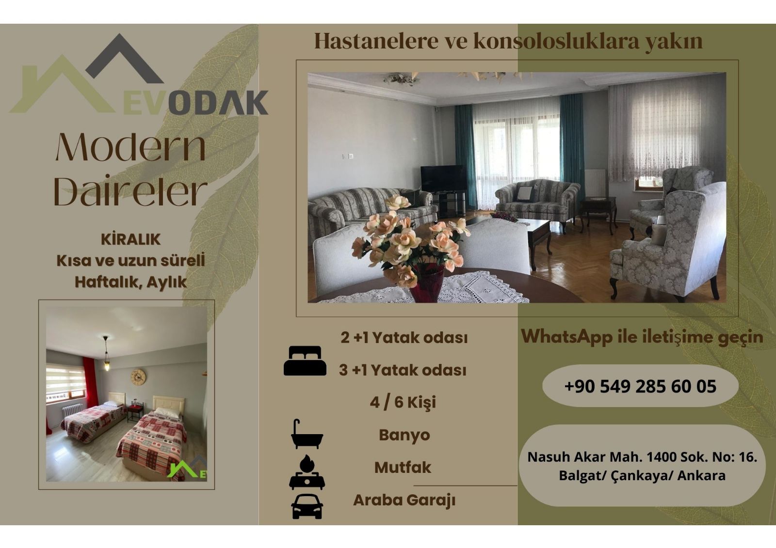 Ankara`da sağlık turizmi için özel donanımlı, Wi-Fi ve sıcak sulu daireler.