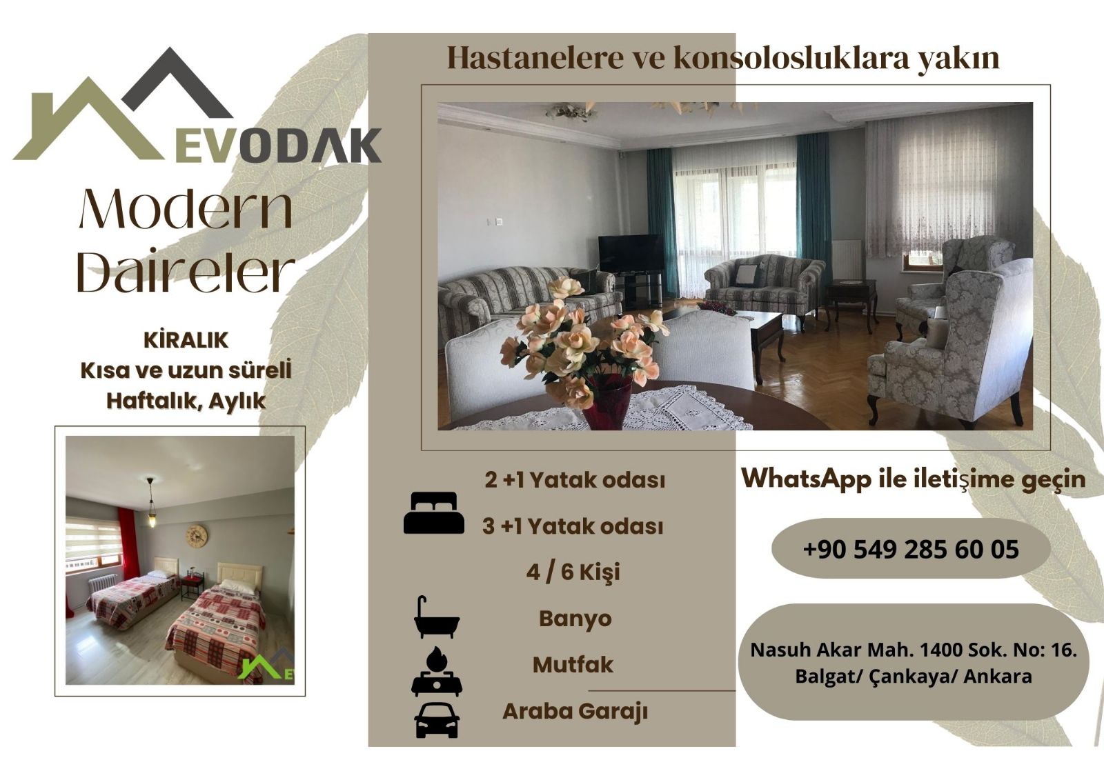 Memorial Ankara Hastanesi yakınında eşyalı kiralık daireler.