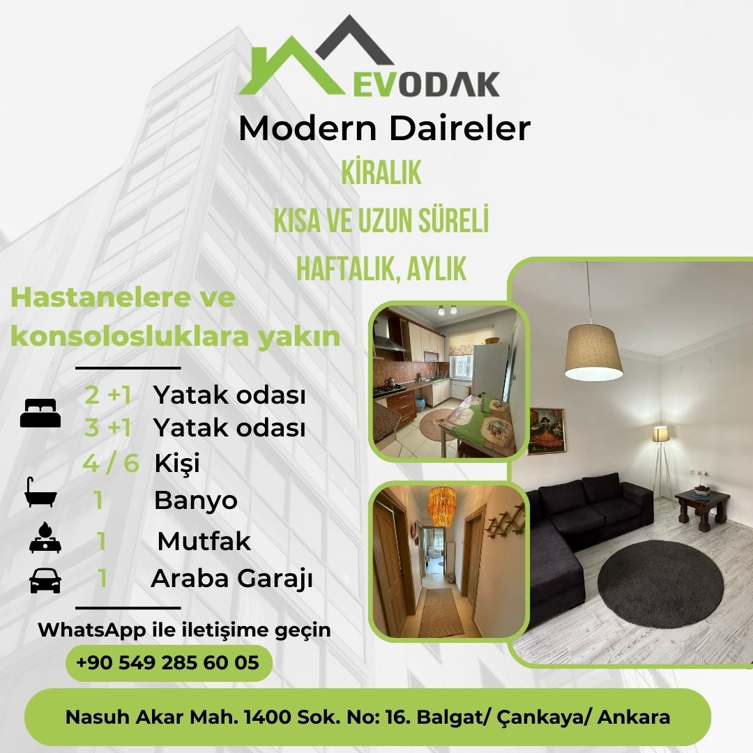 Uzun ve kısa süreli konaklamalar için tam mutfaklı ve ev gereçli eşyalı daireler.